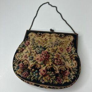 Vintage Petit Point Floral Tapestry Evening Bag Art Nouveau Romantic Whimsical